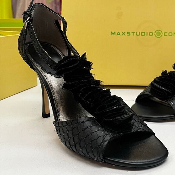 Max Studio Vintage Deadstock Black Serita Fishskin Open Toe Strappy Pump - Picture 2 of 12